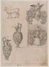 Design for Two Vases, Two Coats of Arms, and a Bull