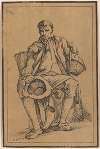 Seated Man with Baskets Holding Hat and Walking Stick