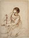 Woman on her knees holding a pestle and a mortar