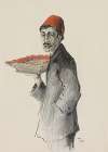 Man with a fez and a tray in his hand