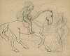 Knight in armour on horseback. Human figure to the right