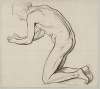 Nude Young Male Kneeling by a Stream and Scooping Water with His Hands