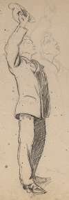 Standing Man Holding a Hat in His Raised Right Hand
