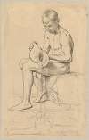 Study of a naked boy sitting on a stone and pouring water out of a shell