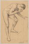 Study of a naked man leaning over a spring and drinking water