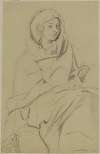 Woman in a strongly creased robe and a scarf on her head spinning a thread