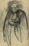Portret van een staande man in toga (vooraanzicht). Handen samen op zijn buik.