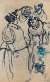 Studieblad; wandelende dame, hond en manshoofd