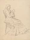 Femme assise sur une chaise, tricotant, de profil – croquis