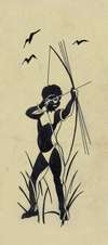 Bandontwerp voor; Rudolf Voorhoeve, De jagers van de Tamirivier; Avonturen in de oerwouden van Nieuw-Guinea, 1936