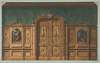 Design for a room with wood panels inset with paintings and a heavily-carved double door