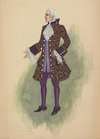 Man in gold and purple brocade justacorps, waistcoat, and breeches
