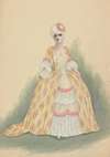 Woman in yellow, white, and pink dress