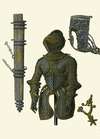 A suit of childs armour, a nose-piece for a set of horse armour, a sheath for a dagger, a gilt spur