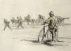 Soldat à bicyclette regardant passer un convoi