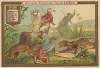 Trade card for Véritable Extrait de Viande Liebig with lion chase in Africa