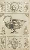 Central design of urn with handle in shape of snake held by two eagles.