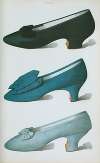Deep rich purple satin shoe with bow, made by Meier of Paris; English shoe of bright blue silk; pale blue silk shoe