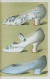 Shoe of silver brocade; shoe embroidered in white silk and silver beads, with a single ankle strap