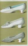 Shoe of white silk with small netted buttons resting on straps; white satin shoe embroidered in crystal beads and silk twis