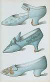 Single strap shoe in French grey satin, and two blue shoes, all embroidered