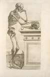 Secunda ossium tabula [Human skeleton inspecting a skull and in deep thinking]