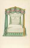 Canopy bed with green drapery.