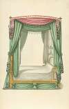 Canopy bed with pink and green drapery.