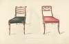 Two chairs with red, black cushions