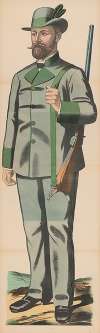 Man in light green suit and Tyrolean hat holding a rifle over his shoulder