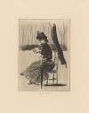 Woman with a book and umbrella on a chair outside