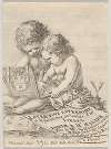 Plate 1; two children sitting on the ground, the child on the right drawing while the child on the left holding the album