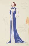 On Top: Designed for Jane Wilday ‘Twilight’, Blue evening gown with silver panel and flowered neck