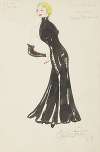 On Top: Designed for Lillian Broderick. Black evening gown with high neck and no shoulders