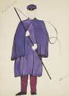 New York Fireman: Cabman. Purple cape, red trousers, whip, and purple cap