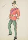 New York Fireman: Red military coat, green trousers, purple sash, green helmet