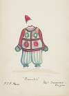 Pinocchio: Striped green and white puffy trousers. Red top with multicolored shapes. Red pointed cap