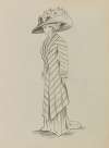 Figure de femme de trois-quart portant un manteau sur robe longue et un grand chapeau 5