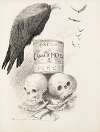 A can of ‘Fresh Canned Meats’ sits on top of human bones. Vultures circle the can, and one sits on it.