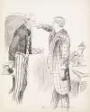 Uncle Sam, with torn clothes and tears in his eyes, tries to offer an invitation to the honorable W.R.H., but is ordered to leave