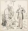 A smiling President Woodrow Wilson brushes himself off after a wedding party and addresses three tired figures