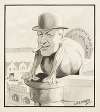 Man in bowler hat and cigar depicted as a turkey, stares out over a parapet