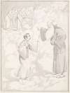 Saint Peter directs a reluctant man toward Heaven where an angel applies wings and distributes harps.