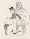 A boy at age 16, angrily looking down on a small man and protecting a fat man behind him who is depicted as a large bag of money