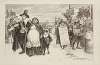 A crowd of people dressed as pilgrims walk inland, with a ship in the background