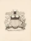 A family crest for Theodore Roosevelt, with an American flag, Uncle Sam’s hat, a bear, an eagle, a big stick, and three uses of his glasses