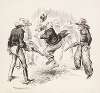 A group of cowboys surround a rich man representing high finance and fire their guns at his feet