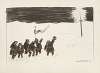 A group of men carrying a ‘Life’ flag walk across the snow towards a glowing pole, probably representing the North Pole.