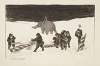 A group of men chop up and examine a pole in the snow, probably the North Pole