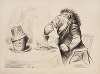 A lion (Great Britain) eats a fine dinner. The coffee cup on the table has a face.